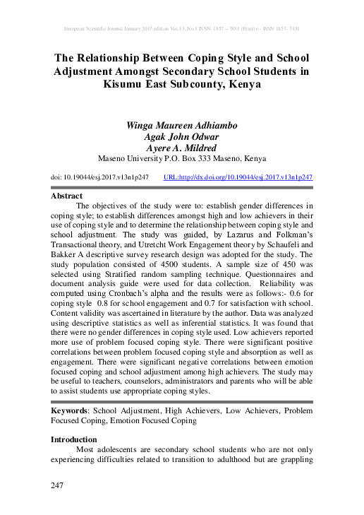 Pdf The Relationship Between Coping Style And School Adjustment