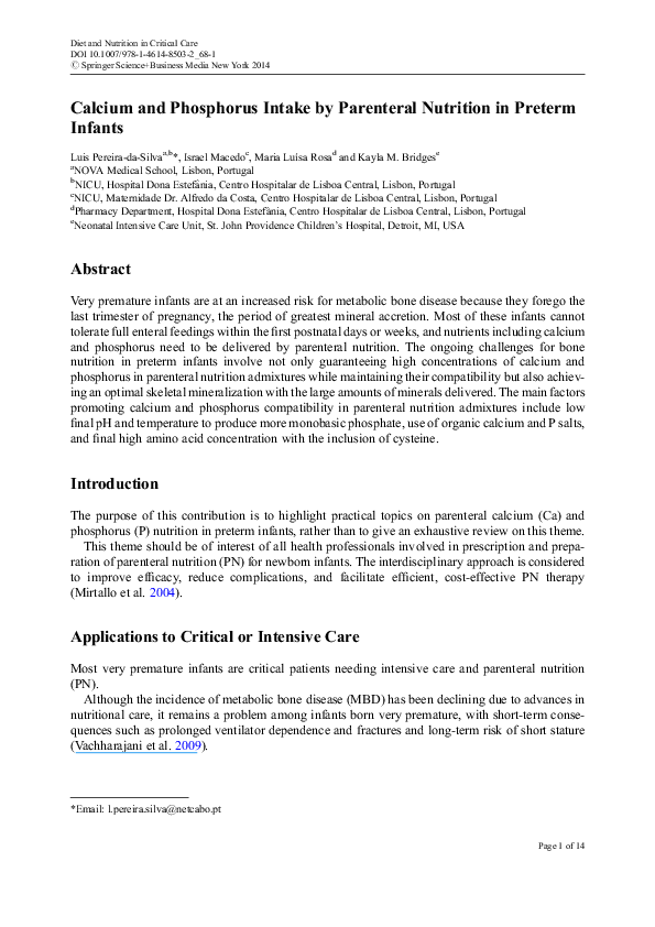 (PDF) Calcium and Phosphorus Intake by Parenteral Nutrition in Preterm