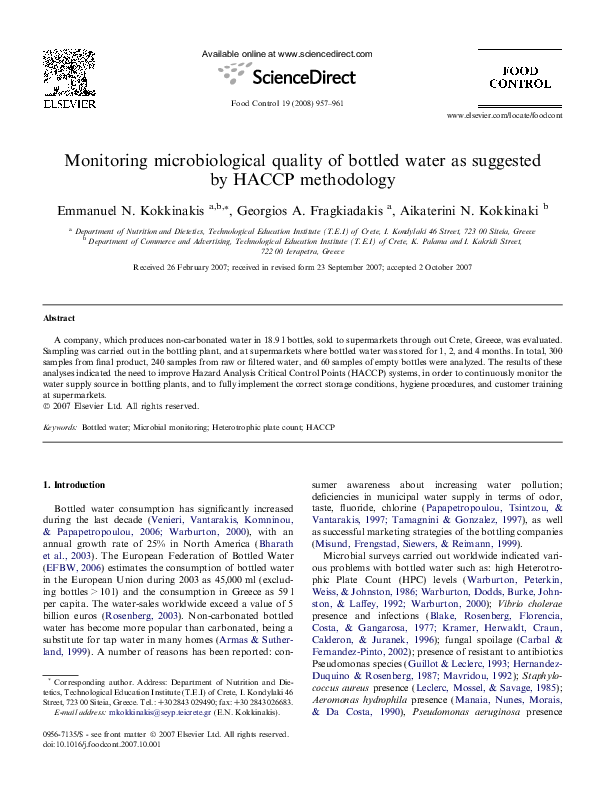 (PDF) Monitoring microbiological quality of bottled water as suggested
