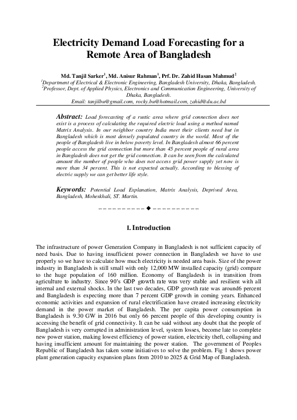 (PDF) Electricity Demand Load Forecasting for a Remote Area of Bangladesh