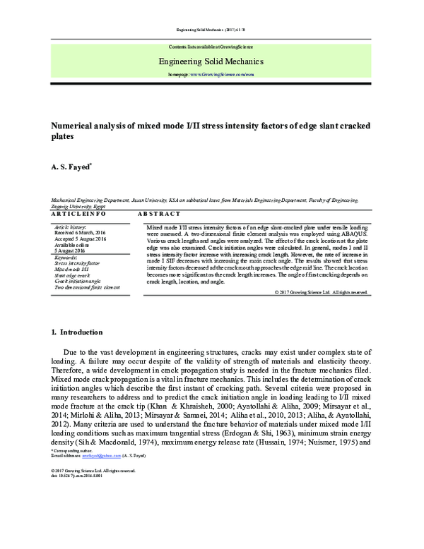 (PDF) Numerical analysis of mixed mode I/II stress intensity factors of ...