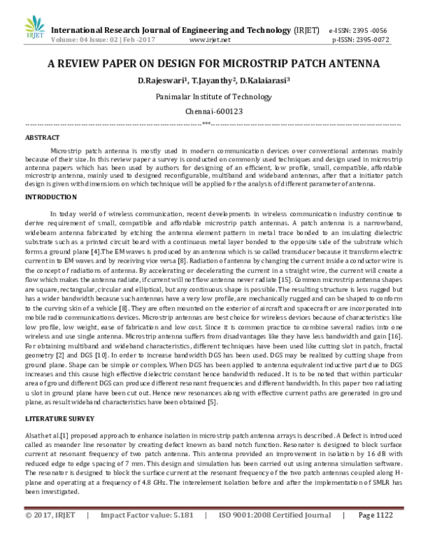 (PDF) IRJET-A REVIEW PAPER ON DESIGN FOR MICROSTRIP PATCH ANTENNA
