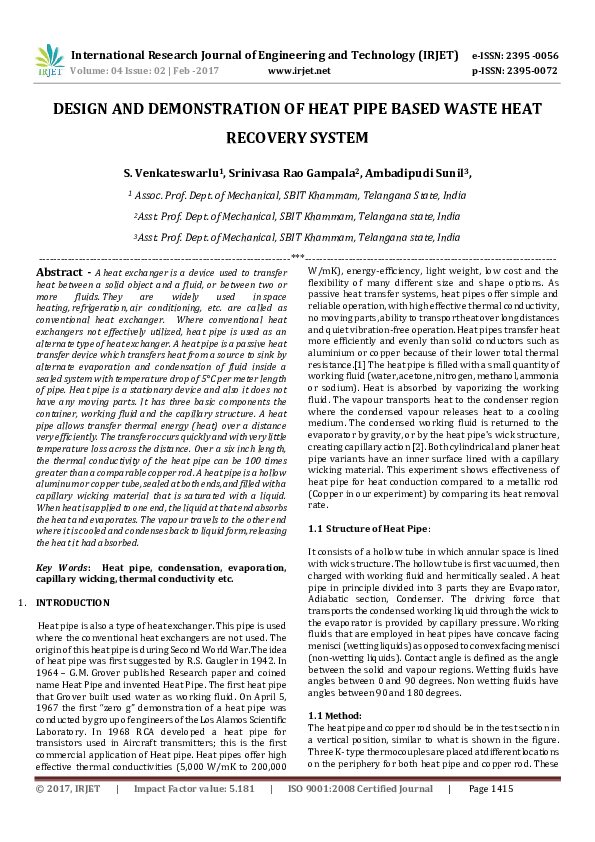 (PDF) IRJETDESIGN AND DEMONSTRATION OF HEAT PIPE BASED WASTE HEAT RECOVERY SYSTEM IRJET