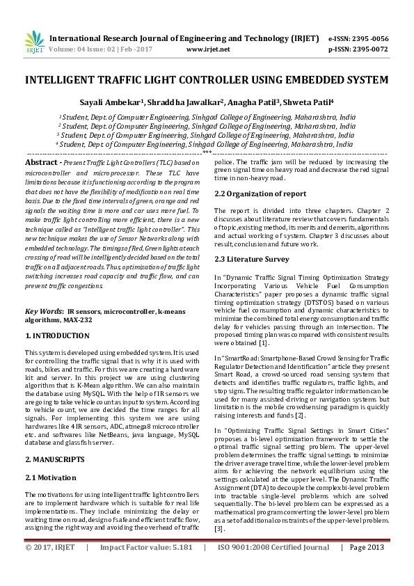 (PDF) IRJETINTELLIGENT TRAFFIC LIGHT CONTROLLER USING EMBEDDED SYSTEM