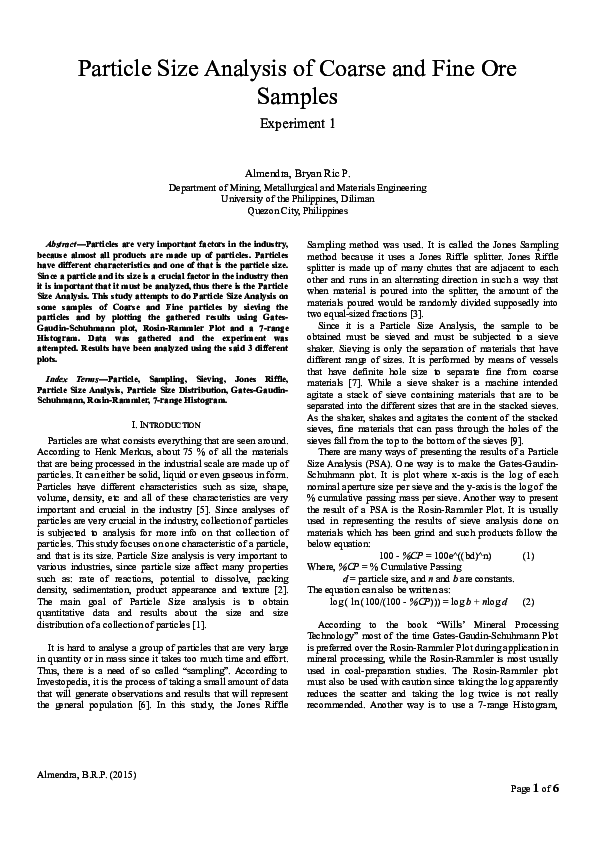 (DOC) Particle Size Analysis of Coarse and Fine Ore Samples Experiment 1