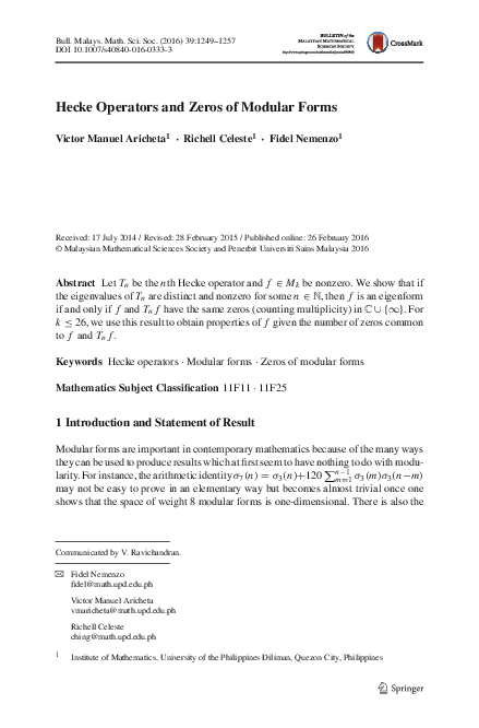 PDF) Hecke Operators and Zeros of Modular Forms