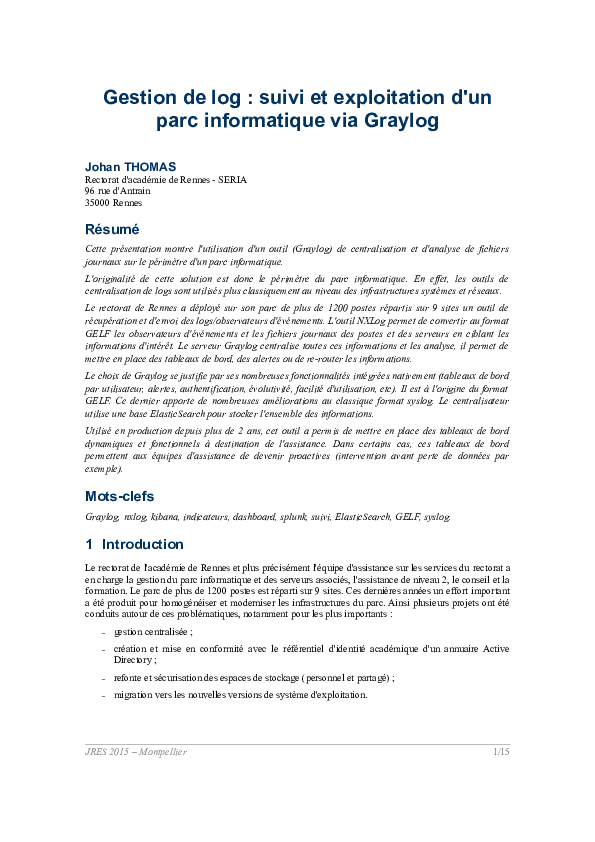 (PDF) Gestion de log : suivi et exploitation d'un parc informatique via ...