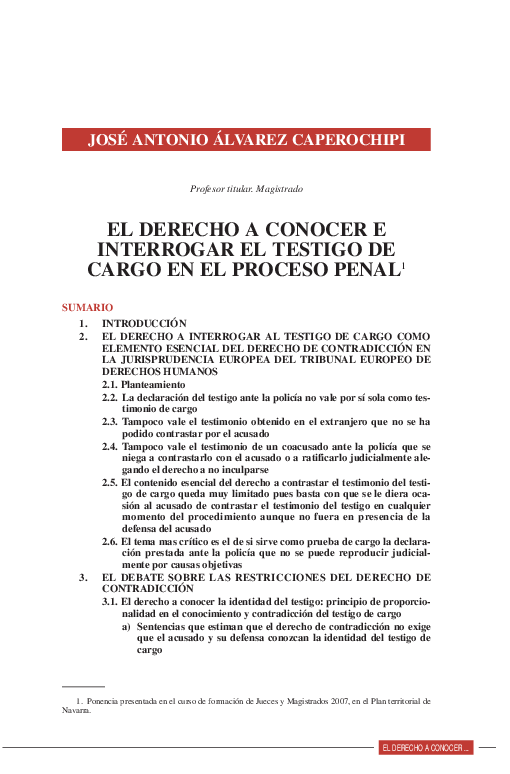 (PDF) El derecho a conocer e interrogar el testigo de cargo en el proceso penal Jose Antonio