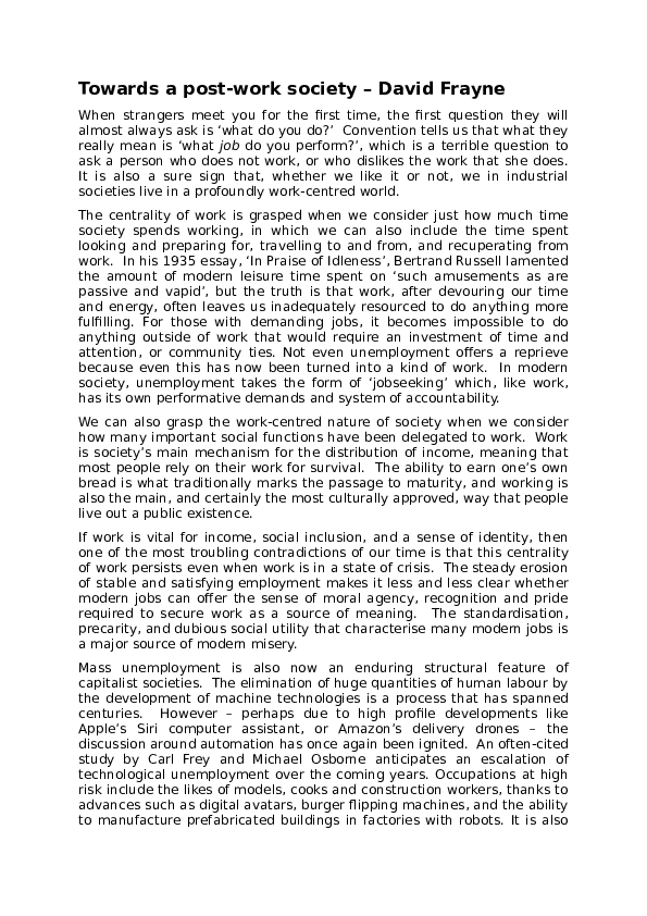 (DOC) Towards a postwork society (for ROAR Magazine) David Frayne