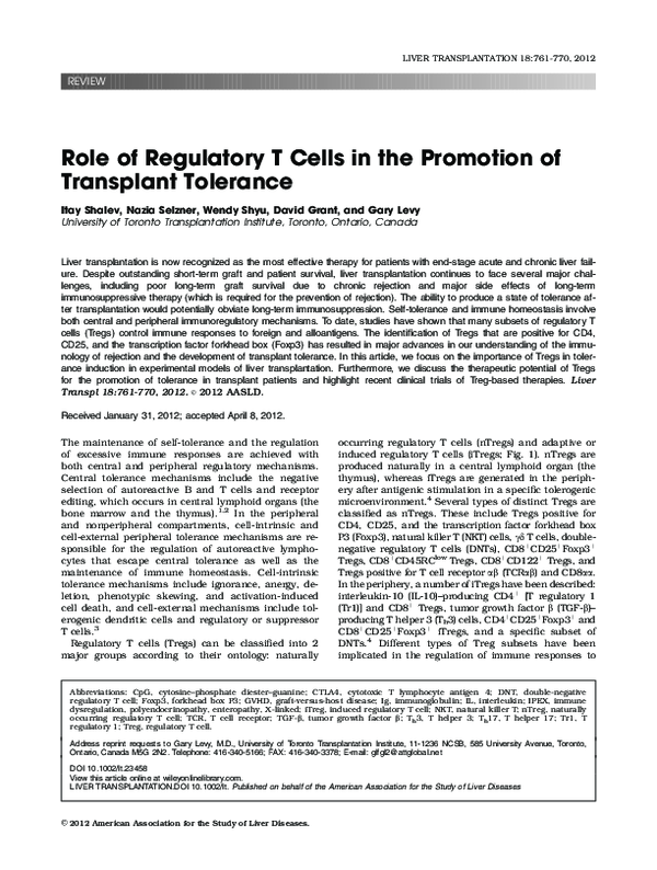 (PDF) Role of regulatory T cells in the promotion of transplant tolerance