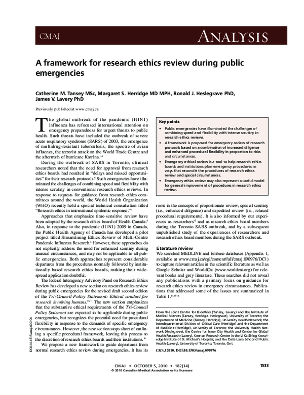 (PDF) A framework for research ethics review during public emergencies