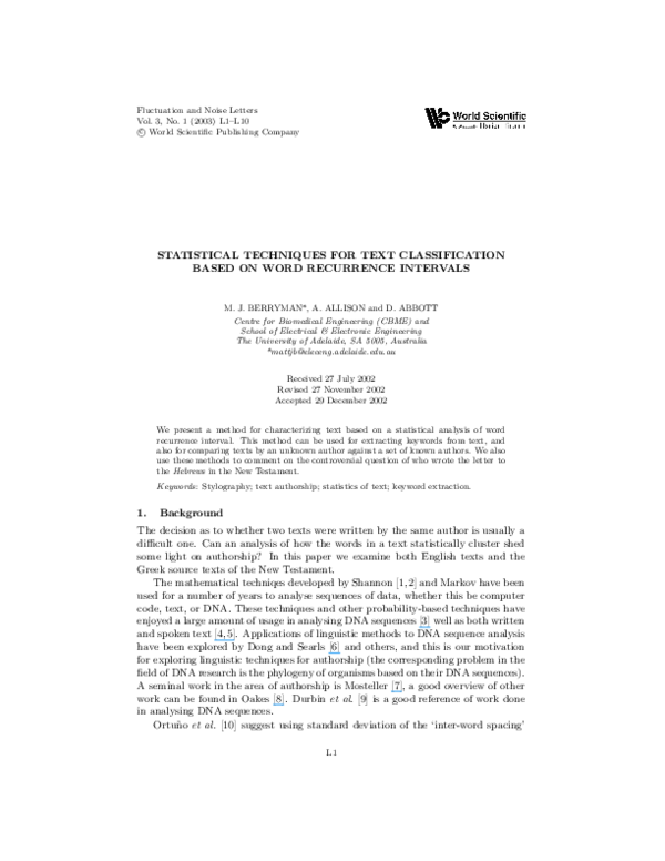 (PDF) Statistical Techniques for Text Classification Based on Word ...