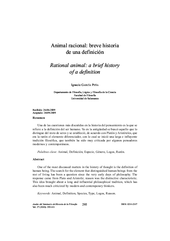 (PDF) Animal racional: breve historia de una definición Rational animal ...