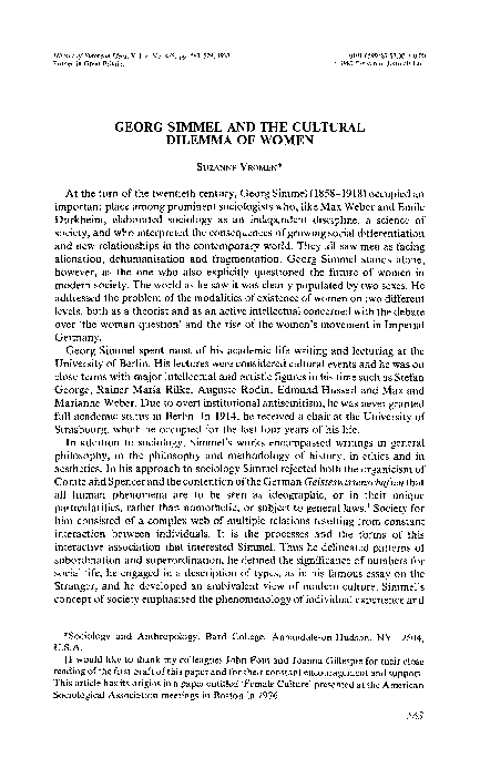 (PDF) Georg Simmel and the cultural dilemma of women