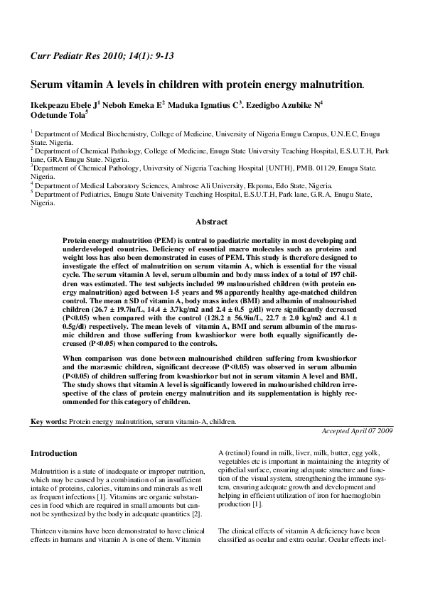 (PDF) Serum vitamin A levels in children with protein energy malnutrition