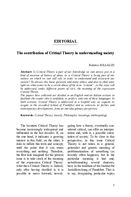 Editorial. The contribution of Critical Theory in understanding society, in «Polis», F. Sollazzo (ed.), n. 4, 2016, pp. 5-10