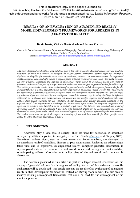 (PDF) RESULTS OF AN EVALUATION OF AUGMENTED REALITY MOBILE DEVELOPMENT ...