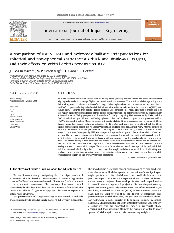 (PDF) A comparison of NASA, DoD, and hydrocode ballistic limit ...