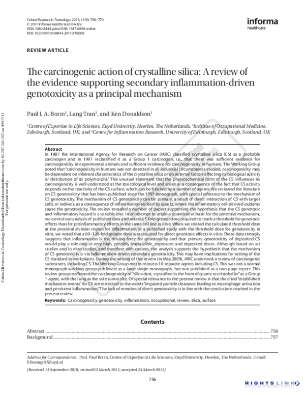 (PDF) The carcinogenic action of crystalline silica A review of the evidence supporting