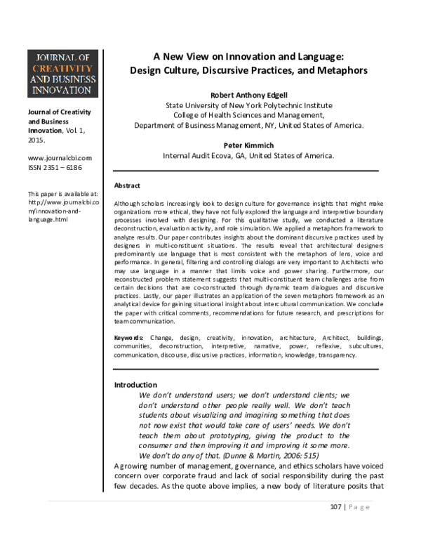 (PDF) A New View on Innovation and Language: Design Culture, Discursive ...