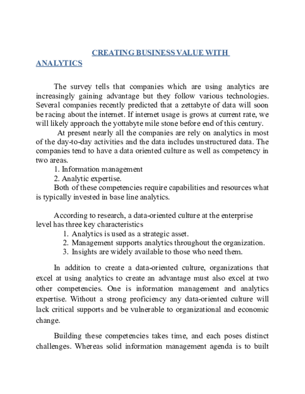 (DOC) CREATING BUSINESS VALUE WITH ANALYTICS
