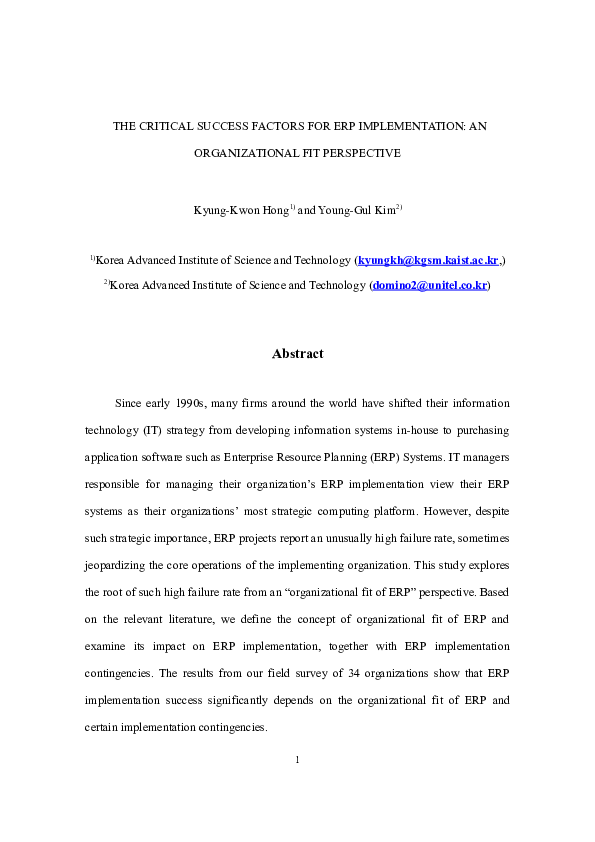  DOC THE CRITICAL SUCCESS FACTORS FOR ERP IMPLEMENTATION AN ORGANIZATIONAL FIT PERSPECTIVE 
