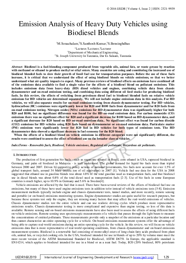 (PDF) Emission Analysis of Heavy Duty Vehicles using Biodiesel Blends