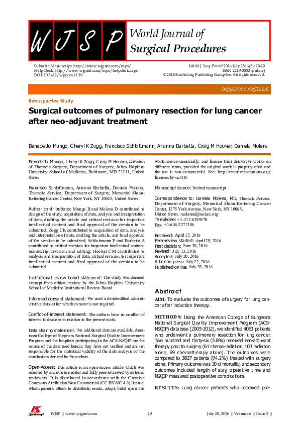 (PDF) Surgical outcomes of pulmonary resection for lung cancer after ...