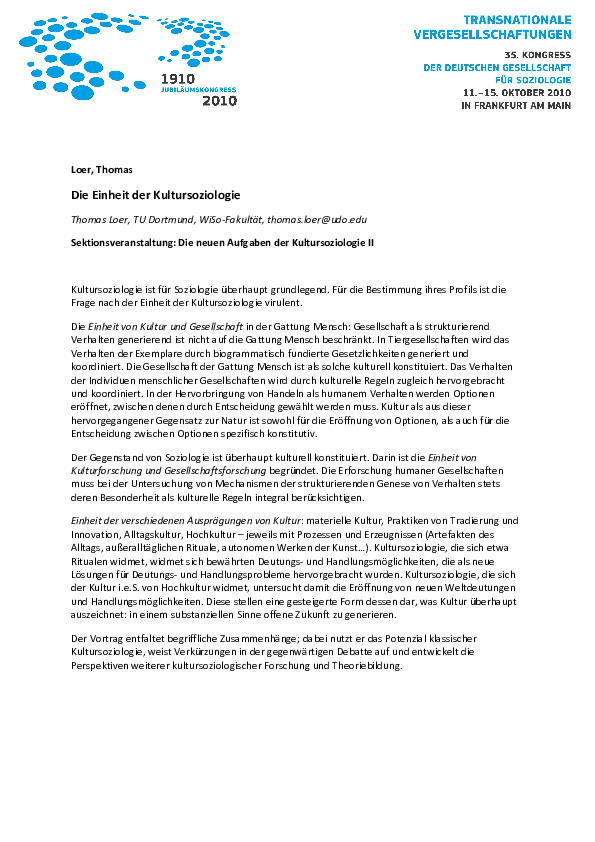 Die Einheit der Kultursoziologie [Abstract] Thomas