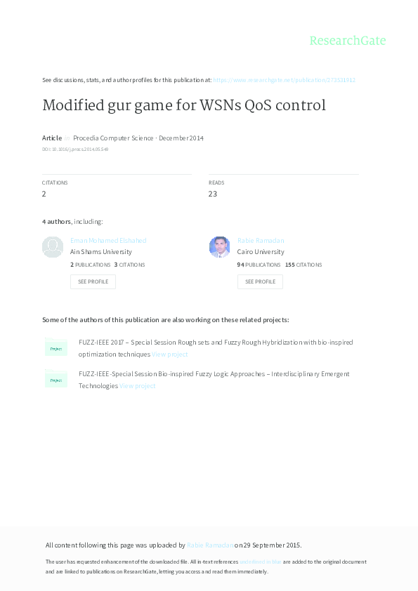 (PDF) Modified gur game for WSNs Qo S control
