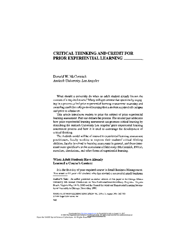 (PDF) Critical Thinking and Prior Experiential Learning Assessment