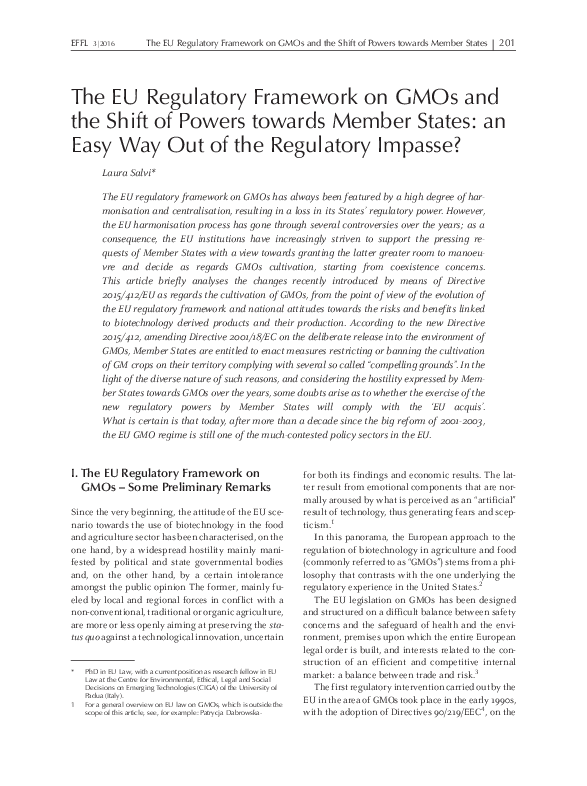 (PDF) EFFL 3|2016 201 The EU Regulatory Framework on GMOs and the Shift ...