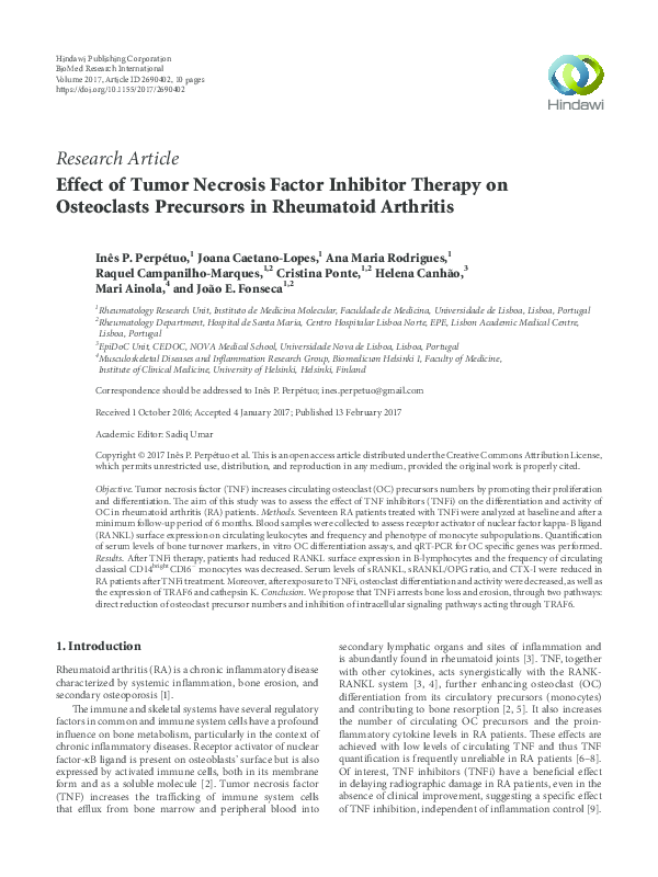 (PDF) Effect of Tumor Necrosis Factor Inhibitor Therapy on Osteoclasts ...