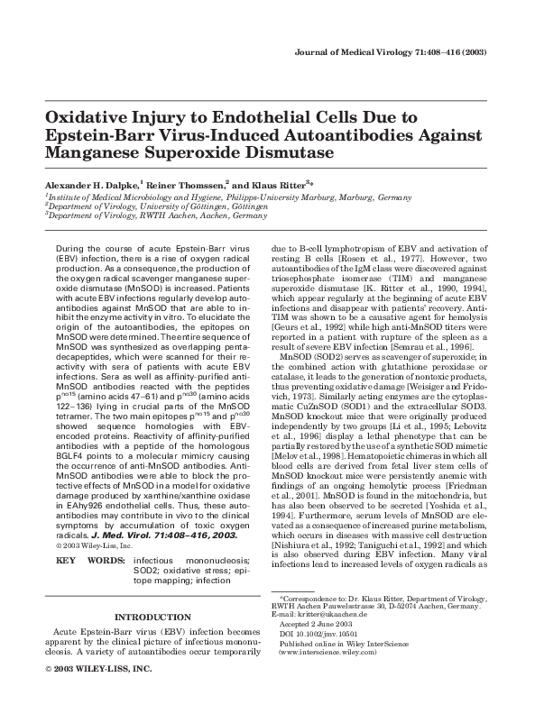 (PDF) Oxidative injury to endothelial cells due to EpsteinBarr virus