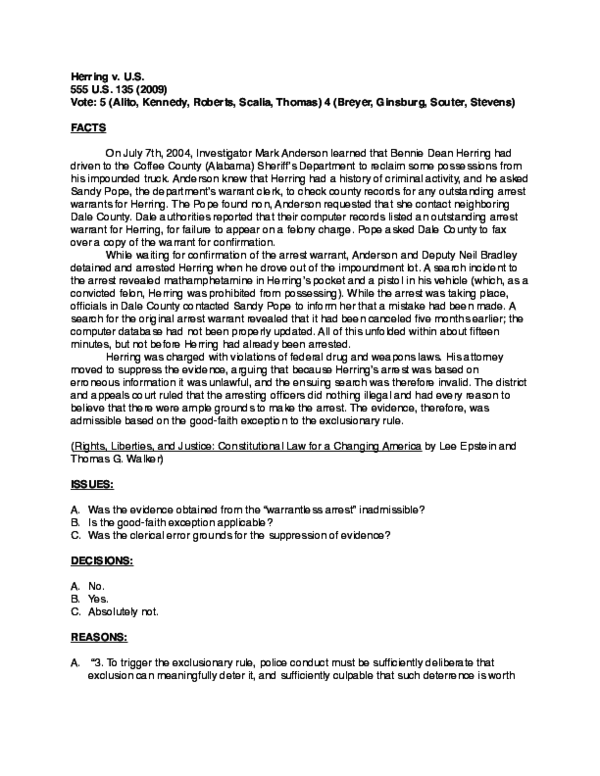 (PDF) Herring v. U.S. 555 U.S. 135 (2009) Case Brief Robert Rankin Academia.edu