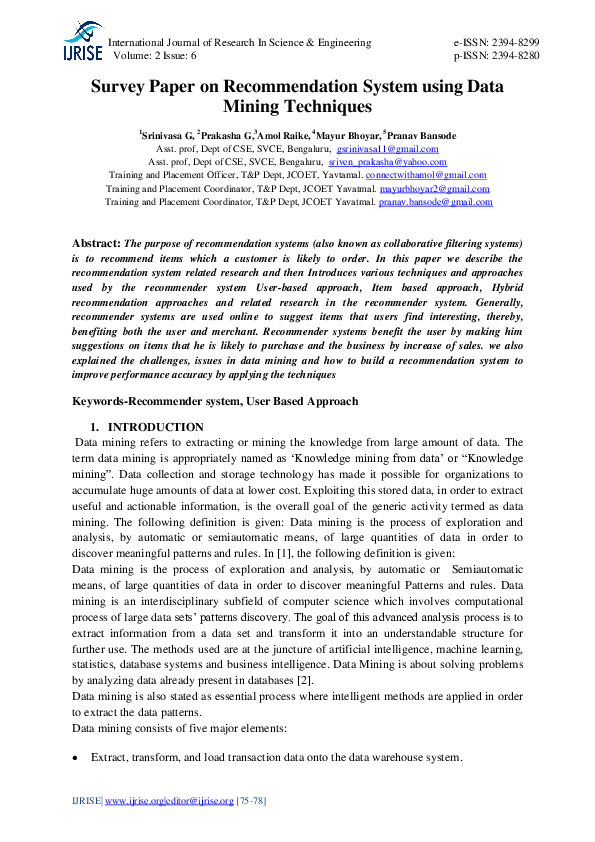 (PDF) Survey Paper on Recommendation System using Data Mining Techniques