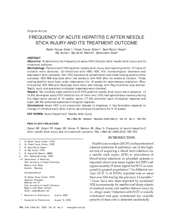 Pdf Frequency Of Acute Hepatitis C After Needle Stick Injury And Its Treatment Outcome Raj Kumar Academia Edu