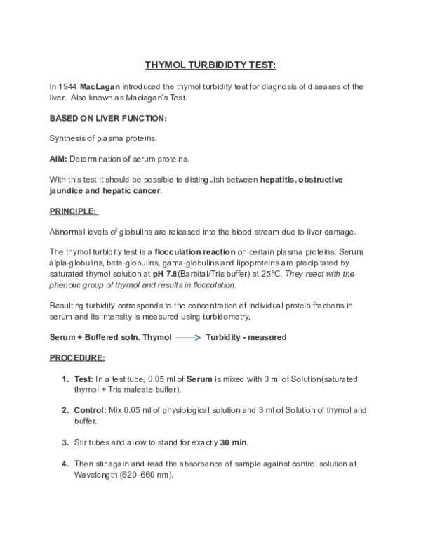 (DOC) THYMOL TURBIDIDTY TEST and PT Nidhya T Joseph Academia.edu