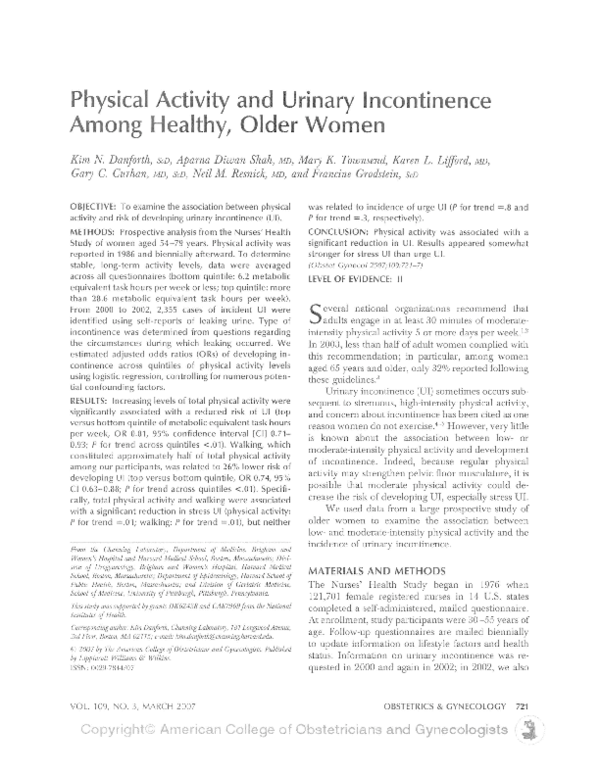 (PDF) Physical Activity and Urinary Incontinence Among Healthy, Older Women