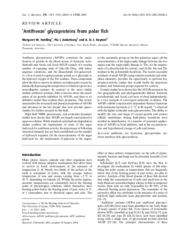 PDF) Antifreeze' glycoproteins from polar fish