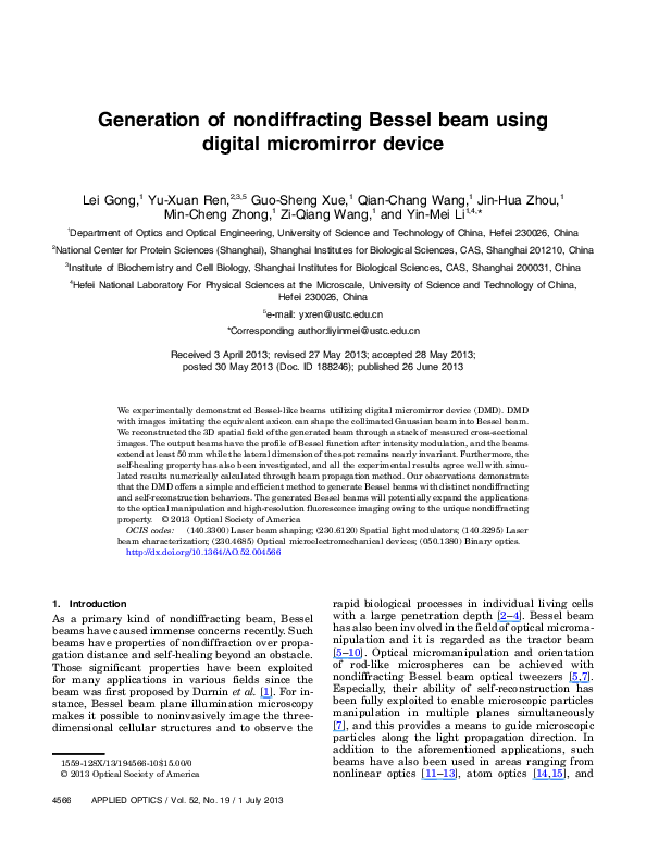 (PDF) Generation of nondiffracting Bessel beam using digital ...