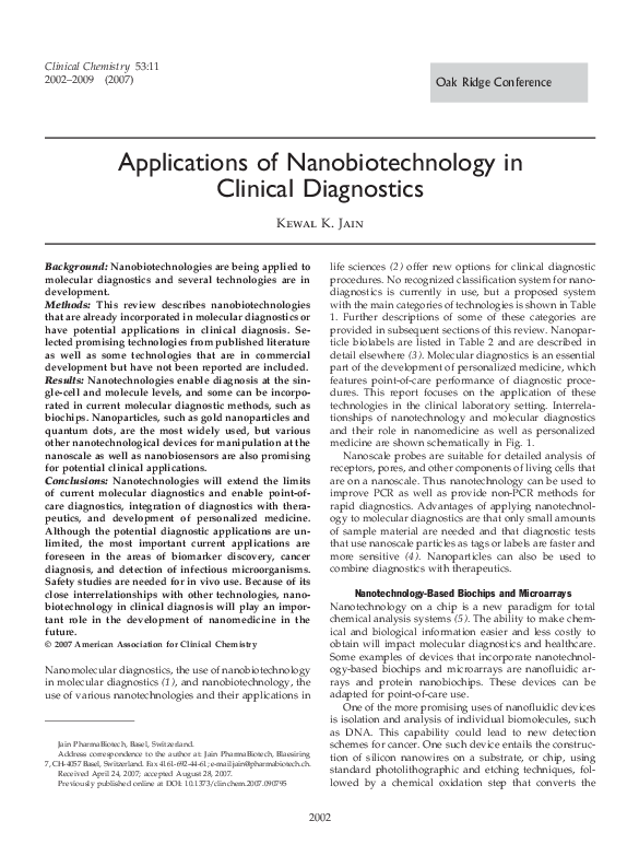 (PDF) Applications of Nanobiotechnology in Clinical Diagnostics