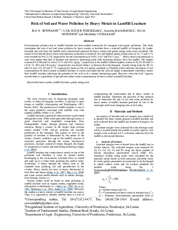 (PDF) Risk of Soil and Water Pollution by Heavy Metals in Landfill Leachate