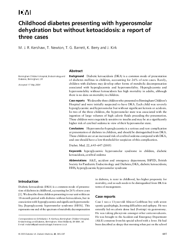 (PDF) Childhood diabetes presenting with hyperosmolar dehydration but