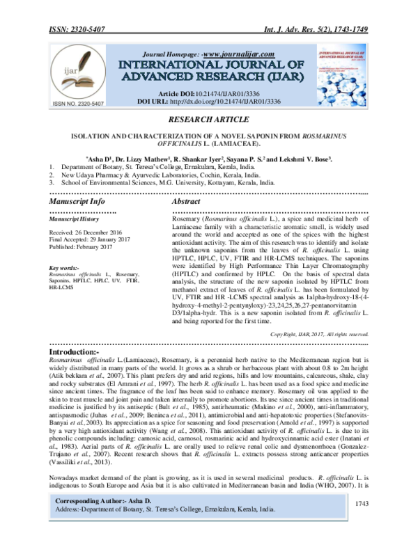(PDF) ISOLATION AND CHARACTERIZATION OF A NOVEL SAPONIN FROM ROSMARINUS
