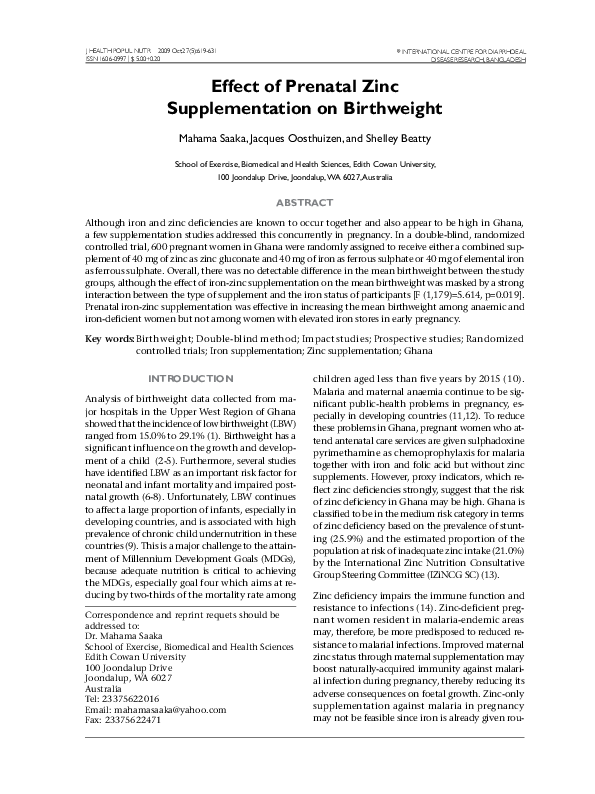 (PDF) Effect of Prenatal Zinc Supplementation on Birthweight