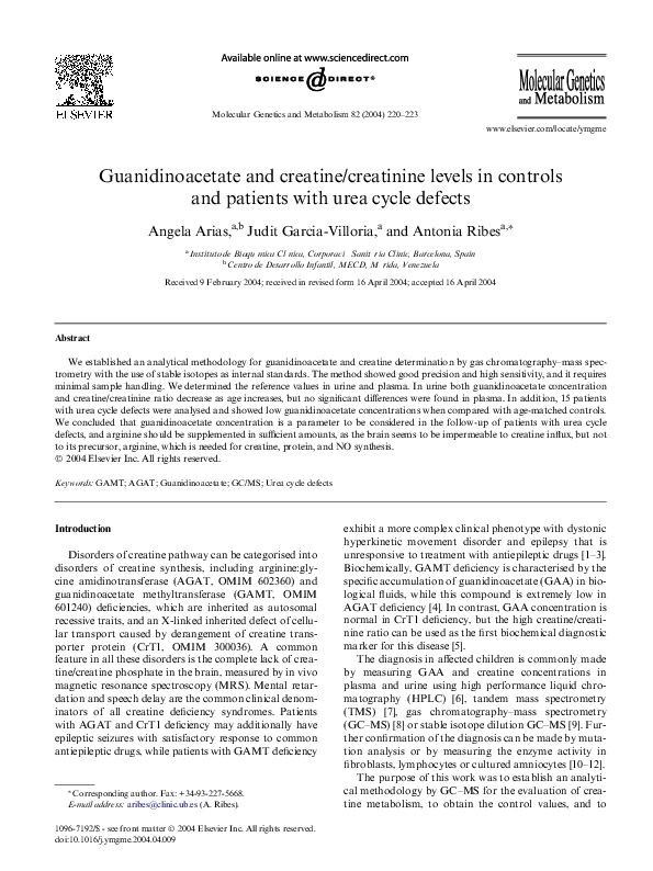 (PDF) Guanidinoacetate and creatine/creatinine levels in controls and