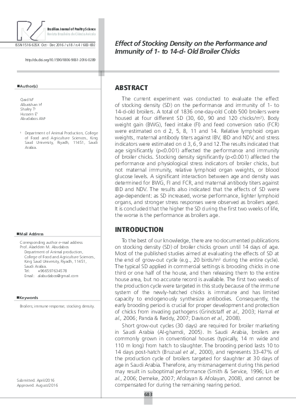 (PDF) Effect of Stocking Density on the Performance and Immunity of 1 ...