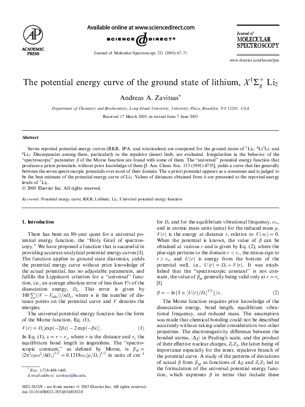 (PDF) The potential energy curve of the ground state of lithium, X 1 ...