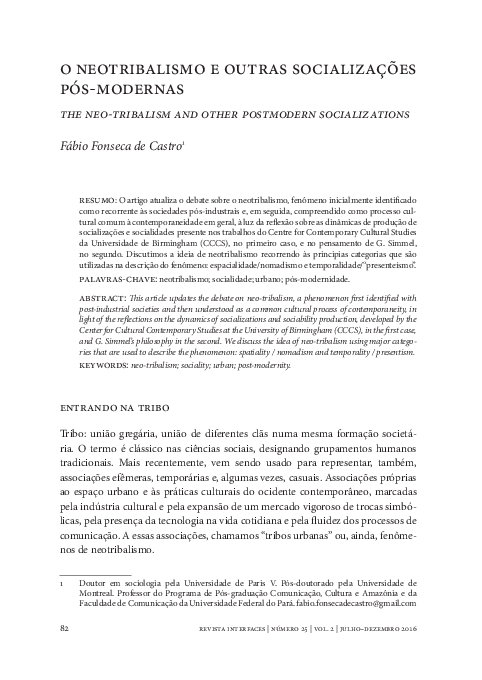 (PDF) O Neotribalismo e outras socializacoes pos modernas